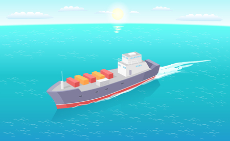 Cargo ship leaves trace in sea or ocean, marine commercial vessel. Transportation boat full of containers export goods, shipping and delivering by waterのイラスト素材
