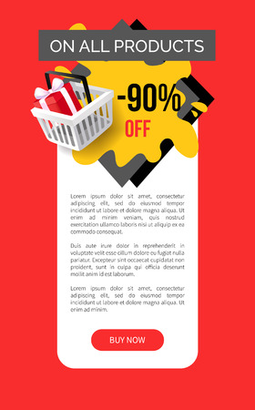 Sale on all products, 90 percent reduction, shop discounts vector web site template. Shopping basket with present box. Special prices sale and offersのイラスト素材