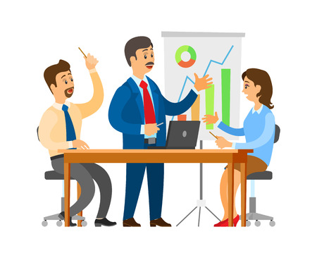 Boss on seminar brainstorming with workers team vector. Whiteboard with statistics and information in visual form, people ideas business solutionのイラスト素材