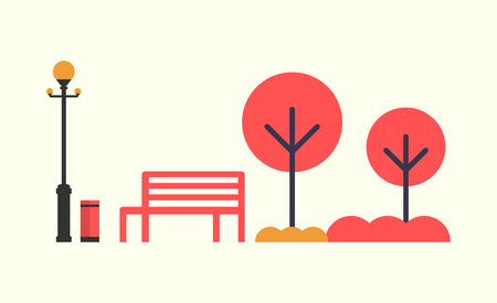 Autumn season empty bench, red color trees, orange grass, street lantern lamp and bin. Vector illustration of elements of fall park isolated on whiteのイラスト素材