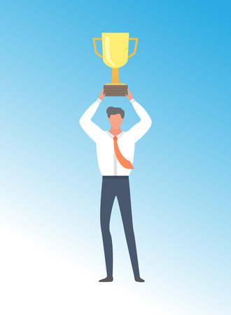 Businessman achieving business excellence, man win first prize golden trophy cup, cartoon character in white shirt. Leader got triumph, vector personのイラスト素材