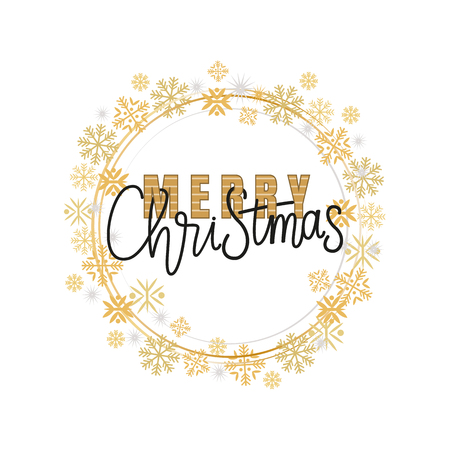 Merry Christmas calligraphy doodles vector winter wreath tag with snowflakes. Xmas greeting lettering, hand drawn New Year celebration regards, isolatedのイラスト素材