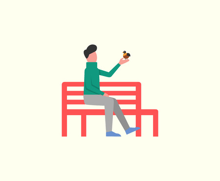Man sitting on wooden bench playing with birdie isolated vector. Autumn relaxation seat, male having calm days with fauna. Person in peace flat styleのイラスト素材