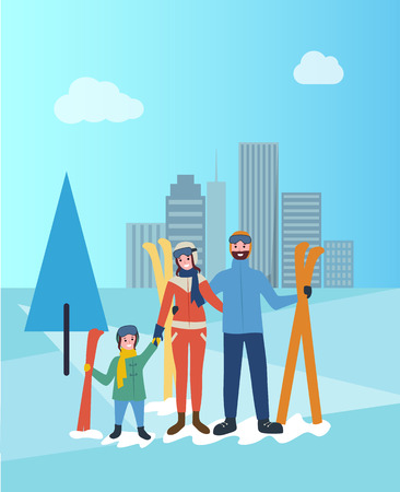 Family skiing together, father and mother with kid learning child vector. City park in winter, recreation and wintertime, people wearing warm clothesのイラスト素材