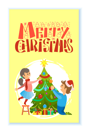 Merry Christmas winter holidays greeting card vector. Boy in Santa hat and girl decorating pine tree with garlands star and bauble, gifts under spruceのイラスト素材