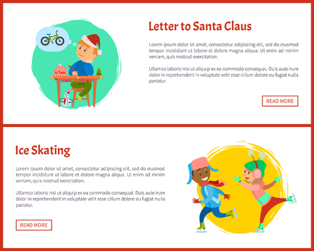 Letter to Santa and ice skating web posters, text sample. Christmas holidays, boy thinking of wish to make, kid writing mail dreaming of bicycle, skatersのイラスト素材