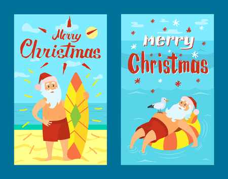 Merry Christmas Santa Claus and surfing board, Xmas character on summer rest. Vector Saint Nicholas surfer in tropical country, man on lifebuoy, vectorのイラスト素材
