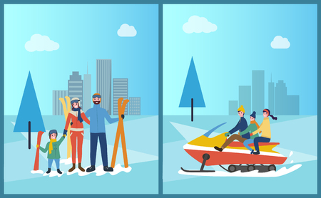 Family snowmobiling skiing in winter park vector. Father mother and children wearing warm clothes, pine tree and cityscape with skyscrapers wintertimeのイラスト素材