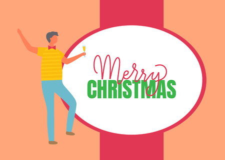 Merry Christmas poster, man in t-shirt and jeans celebrate Christmas. Drunk guy with glass of champagne send best wishes on New Year, vector greeting cardのイラスト素材