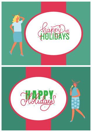 Happy New Year holidays greeting cards with people. Christmas party celebration woman in horns, drinking champagne. Females on high heels celebrating Xmasのイラスト素材