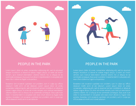People in park poster two children playing ball, couple man and woman jogging. Boy and girl spend time outdoors, vector sport activities, banner circleのイラスト素材