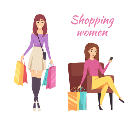 Shopping women with bags and purchases poster with text vector. Lady sitting on armchair relaxing, girl carrying handbag and paper packages in handsのイラスト素材