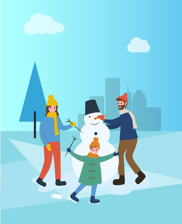 Family building snowman in winter city town park vector. People spending time outdoors, pine and snow, sculpting of snowballs bucket and carrot noseのイラスト素材