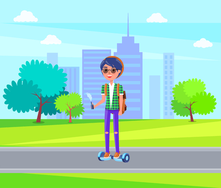 Girl in glasses riding on personal transporter in green city park with trees and houses. Autonomous scooter two-wheeled self-balancing transportのイラスト素材