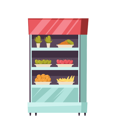 Food stall stand with fresh vegetables fruits isolated icon vector. Apples and bananas, vegetarian meal, raw, nutritious products, orange and carrotのイラスト素材