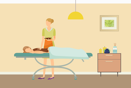 Chocolate body spa procedure in beauty salon vector. Female with sweet liquid on back and towel. Expert specialist in treatment and hot therapy,のイラスト素材