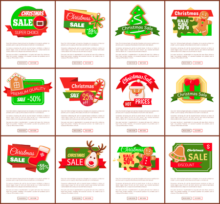 Christmas sale hot price cost reduction cookies and text vector. Santa Claus and present with bows decoration, gift and belt, reindeer and house, reduced costのイラスト素材