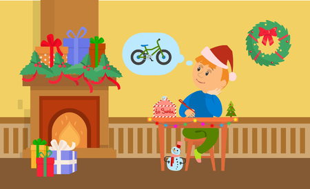 Christmas holidays small boy writing letter to Santa Claus vector. Fireplace with presents and gifts, kid wishing for bicycle, wreath decoration of homeのイラスト素材