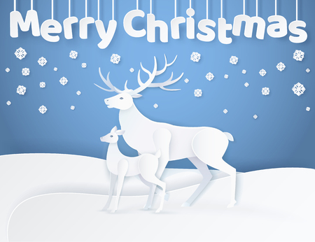 White Deer and fawn standing on snowy ground at night. Hanging down Merry Christmas greeting decorated with snowflakes and animals in flat style vector, paper art and craft styleのイラスト素材