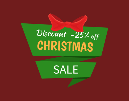 Discount 25 percent off Christmas sale label decorated by red bow. Advertising sticker with info about price off on New Year holidays, isolated vector iconのイラスト素材