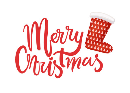 Merry Christmas lettering text and red Santa stocking isolated vector greeting and icon. Sock with pine trees for gifts, calligraphic inscription congratulationsのイラスト素材