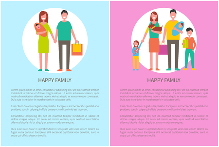Happy family parents and kids. Couple and children spending time together vector people. Mother holding newborn baby on hands, father with adorable son.のイラスト素材