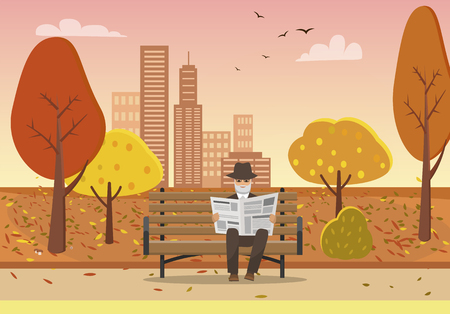 Old man with newspaper in hands sitting on bench in autumn city park vector. Skyscrapers and building infrastructure, trees with leaves falling downのイラスト素材