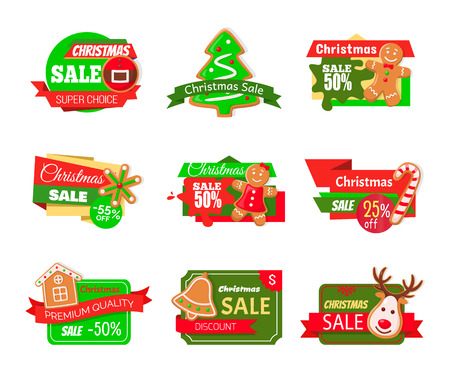Christmas sale pine tree and gingerbread man cookie vector. Spruce and snowflake, reindeer with horns, bell biscuits candy house and Santa Claus beltのイラスト素材