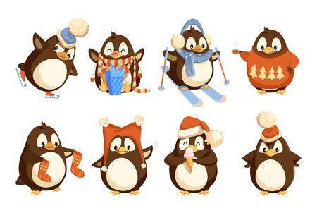Penguin in winter wearing warm clothes vector north birds. Animal with wings in knitted sweater with pine tree having fun, skiing hobby active, stockings and skateのイラスト素材