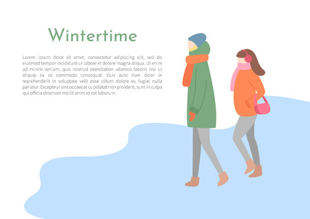 Couple of man and woman going outdoor in jacket with hood and scarf, hat and earmuffs and mittens. Walking girl and boy in wintertime, side view vectorのイラスト素材