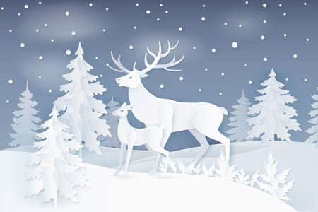 Nature at night with deer and fawn near spruce trees with snowflakes.のイラスト素材