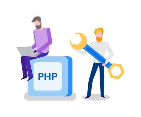 Banner PHP with two blonde and brunette working men with grey laptop and big blue and yellow wrench. Programmers coding javascript game vector peopleのイラスト素材
