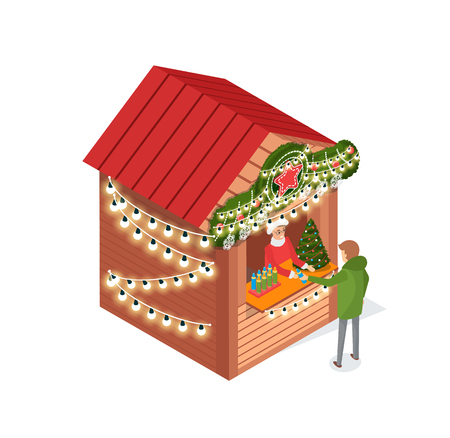 Kiosk at street, Christmas fair, person buying items vector. Xmas season salesperson selling spruce, artificial pine tree for decoration of housesのイラスト素材