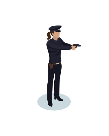 Policewoman with gun color vector illustration isolated, police lady in dark uniform and headdress, woman cop officer at work, armed female with weaponのイラスト素材