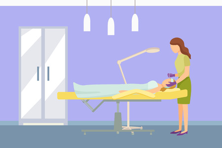 Cosmetician facial cosmetic procedures. Woman cosmetologist using tool instrument while working with clients face. Specialist and lady on table vectorのイラスト素材
