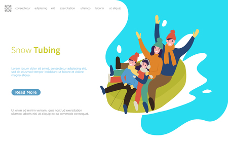 Snow tubing family going downhill on rubber material web page with text sample vector.のイラスト素材