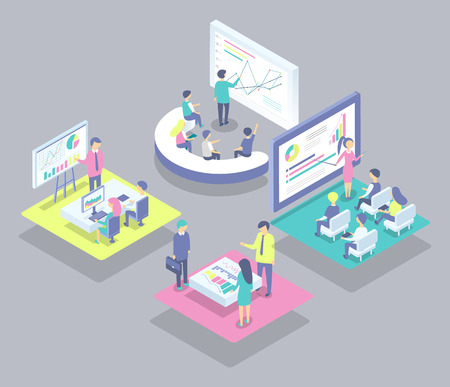 Presentation people sitting on seminar, listening to information. Charts and diagrams on whiteboard. Listeners workers with laptops monitor set vectorのイラスト素材