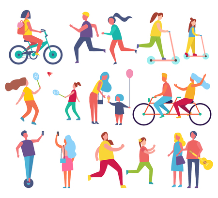 Family mom and child with air inflatable balloon icons set vector. Relaxing people riding bicycle and couple playing tennis. Running male and femaleのイラスト素材