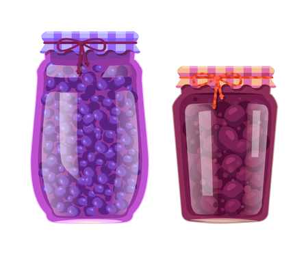 Blueberry and plum preserved natural food in jar. Berries or fruits inside glass containers saved for winter. Canned product vector illustrations.のイラスト素材