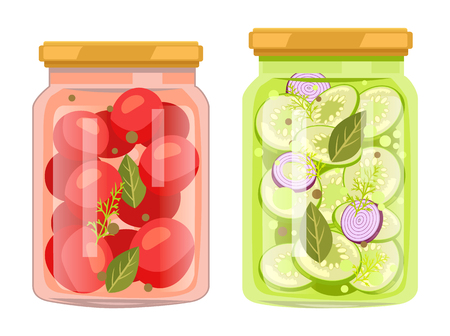 Preserved food in jars, vegetables with bay leaves. Tomatoes and cucumbers, onions or dill. Products conservated for winter vector illustrations set.のイラスト素材