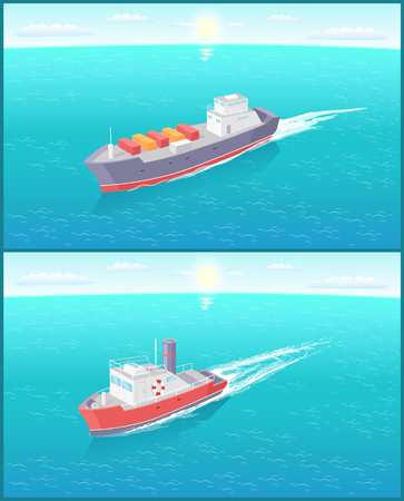 Steamboat marine transport vessel and cargo ship sailing and leaving traces in water. Transportation sailboat on skyline, speedboat floating vector iconのイラスト素材