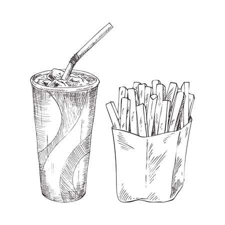 Cola paper cup with french fries vector monochrome illustration. Fast food badge sketch style for brochures and restaurant menu, cafe cover templateのイラスト素材