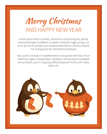 Merry Christmas penguin wearing warm sweater with pine tree print poster vector. Animal holding celebration socks, winter holidays with text sampleのイラスト素材
