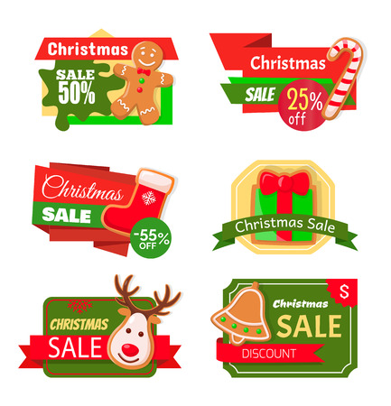 Christmas sale 50 percent reduction isolated icons vector. Socks with reindeer print, pine tree cookie, candy lollipop, deer and bell with presentsのイラスト素材