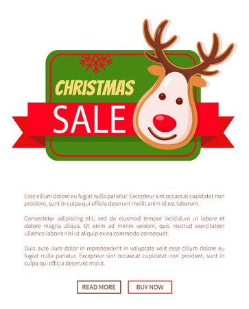 Christmas sale greeting card, gingerbread deer head on New Year label. Postcard with reindeer sweet character with horns, vector web poster, push buttonのイラスト素材