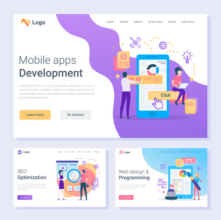 Mobile apps development programmers SEO optimization web pages vector. Online tools and instrument programming and design changing smartphone screen, flat styleのイラスト素材