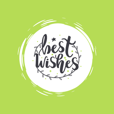 Best wishes lettering with branch wreath, or decorative garland and golden dots. New Year and Christmas greeting card with star, in color vector frameのイラスト素材