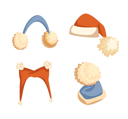 Colorful Santa hats with big pompons and furry earmuffs. Collection of winter headdress, wintertime holiday costume in flat style isolated on white vectorのイラスト素材