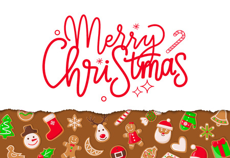 Merry Christmas poster with greeting and signs vector. Santa Claus and pine tree, candy lollipop stick, snowman and reindeer deer animal on cookiesのイラスト素材
