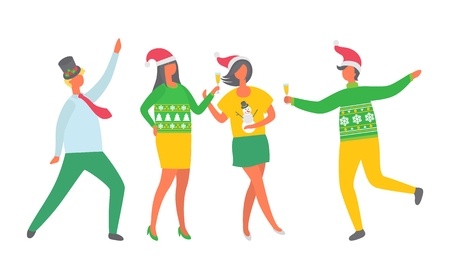 New Years Eve celebration vector, Christmas party people. Man and woman dancing and drinking alcohol, champagne poured in glass. Tipsy happy crowdのイラスト素材